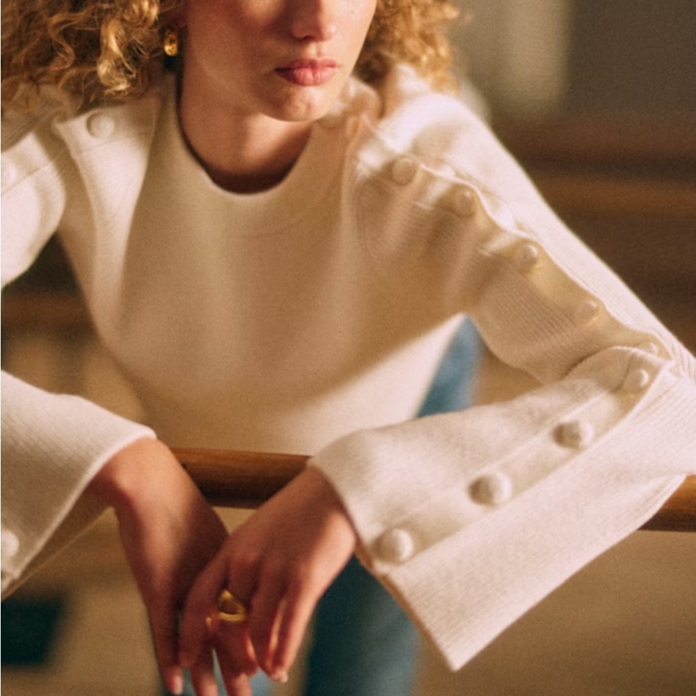 Sezane Cream Ribbed Crew Neck Sweater